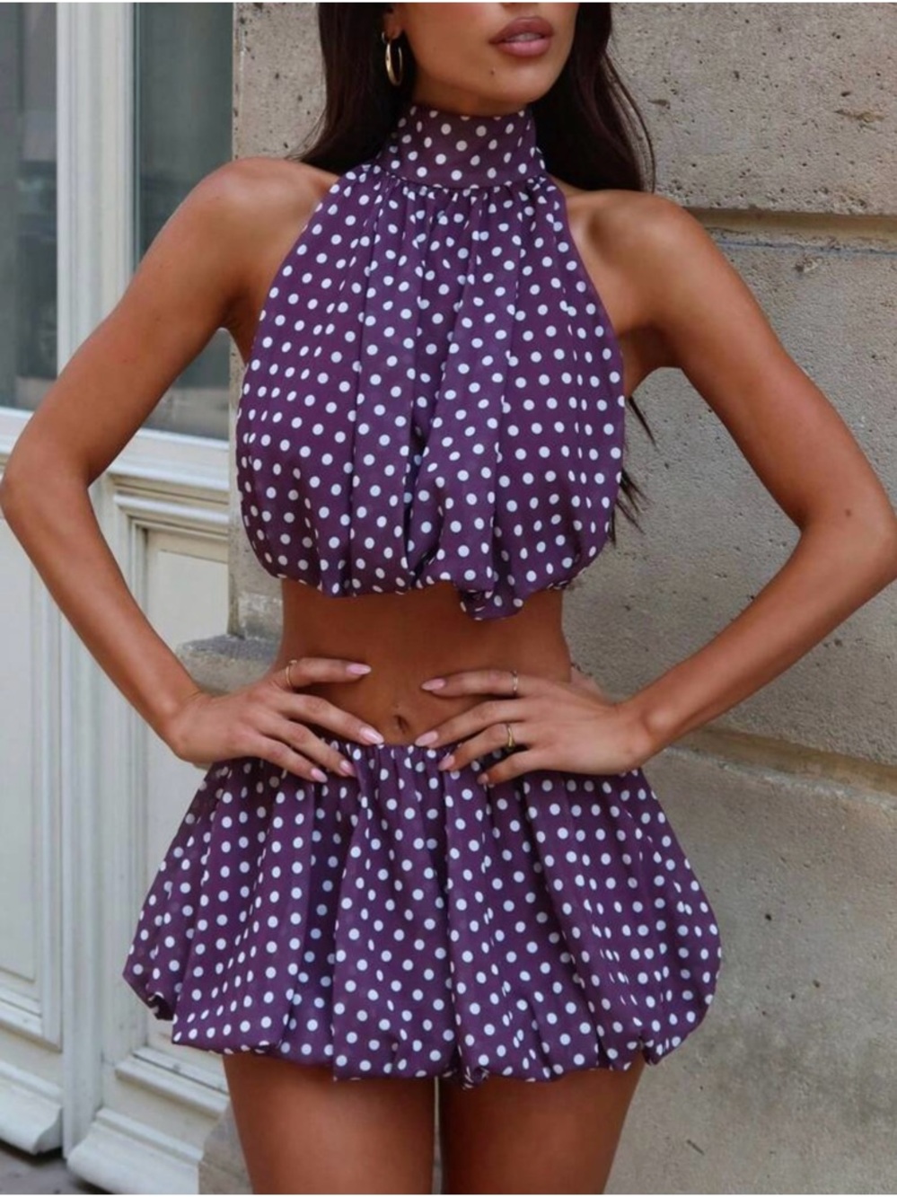 Darkish Purple Polka Dot Two-Piece Halter Set